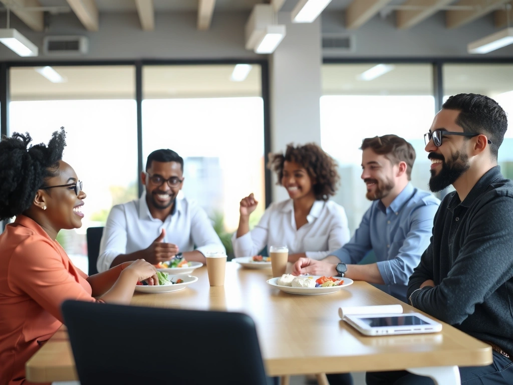 Diverse team enjoying a casual lunch together