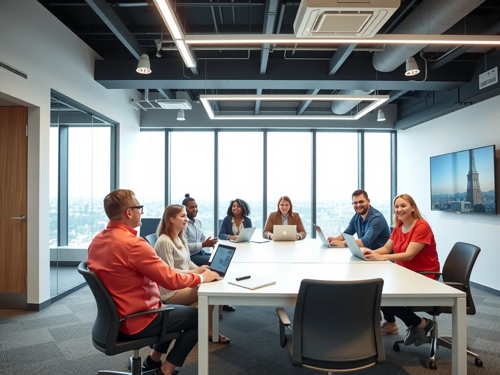 Team members collaborating in a modern office