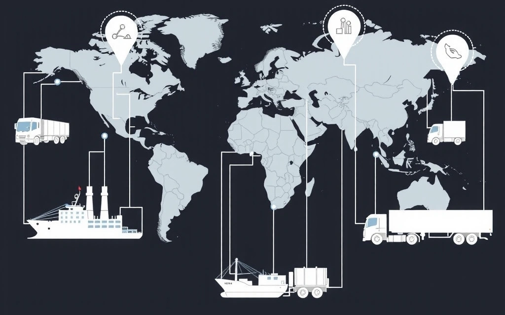 Complex supply chain network with interconnected nodes and data flowing between them