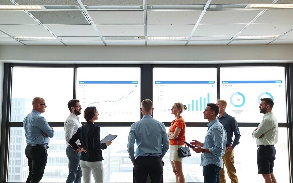 People collaborating in a modern office, looking at data on screens, representing continuous improvement