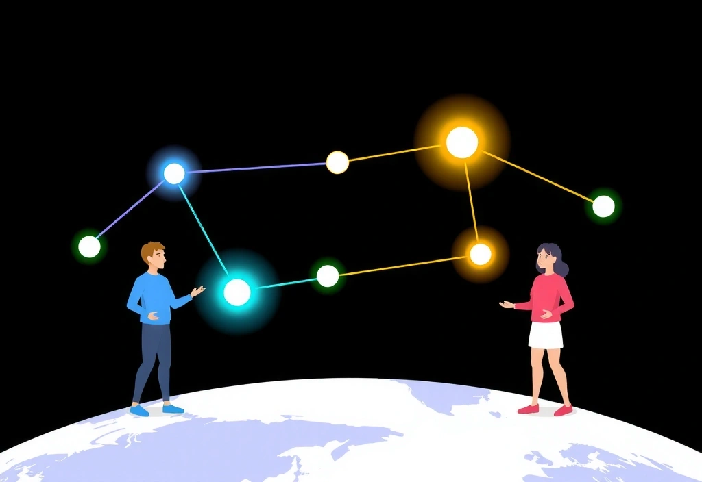 Illustration of people communicating and connecting, digital network