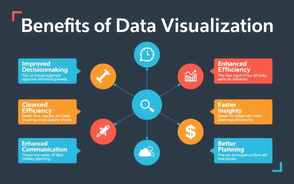 Infographic showing various benefits of data visualization, such as improved decision-making, efficiency, and clarity