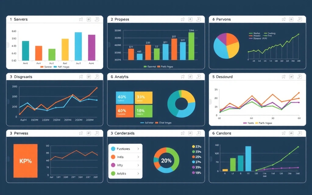 Modern data visualization dashboard with various charts and graphs, showing business analytics