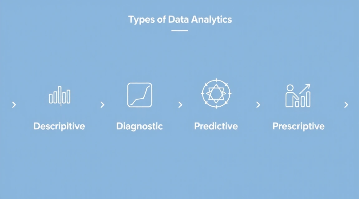 A diagram illustrating the four types of data analytics: Descriptive, Diagnostic, Predictive, and Prescriptive, with arrows showing progression and interconnections.