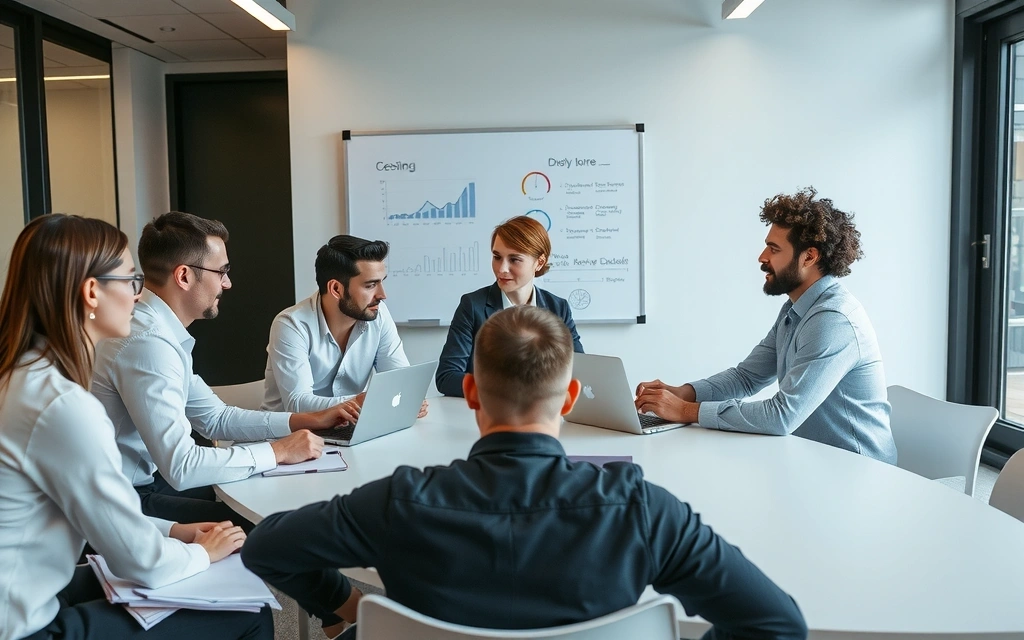 Team collaborating around a table with laptops and data visualizations, symbolizing strategic planning