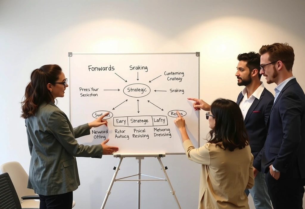 A diverse group of business people collaborating around a whiteboard with strategic ideas and diagrams, symbolizing strategy formulation.