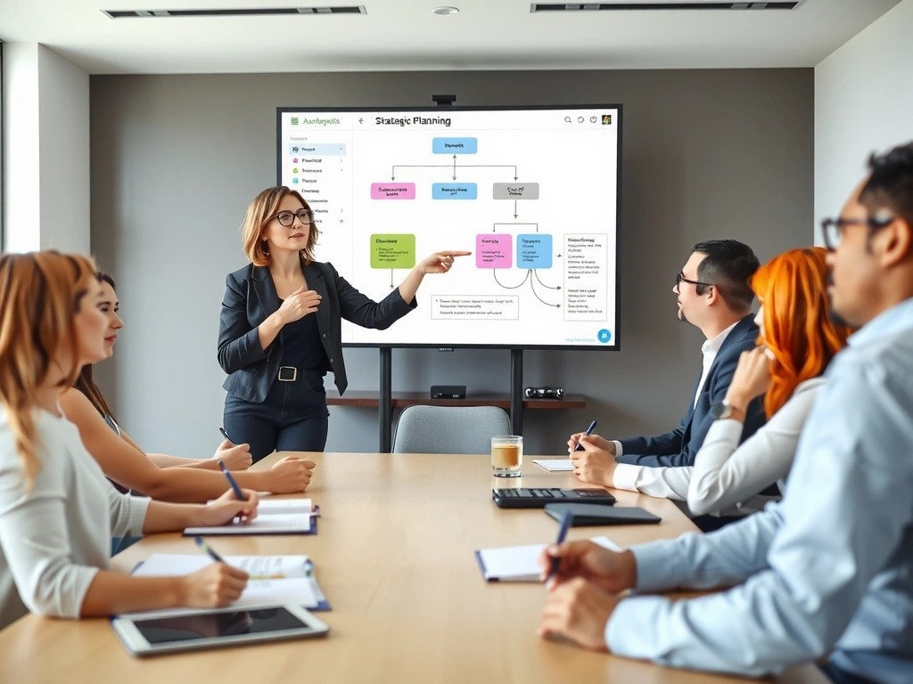 A professional woman leading a workshop, pointing to a diagram on a screen, with engaged participants, symbolizing strategic workshops.
