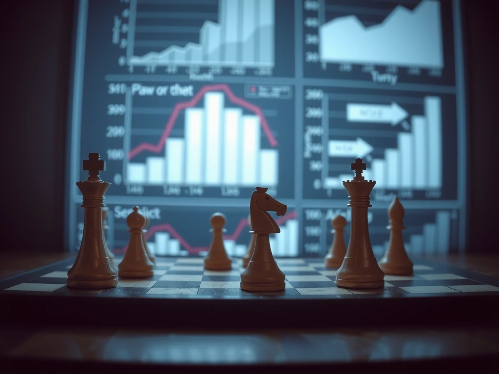 A chess board with pieces, symbolizing strategic thinking and planning, set against a blurred background of business analytics data.