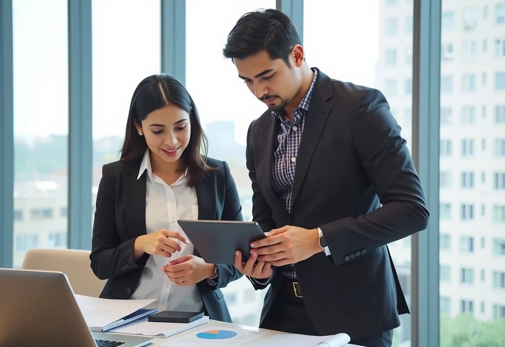 Two business professionals reviewing data on a tablet, symbolizing the discovery and assessment phase of strategic planning.